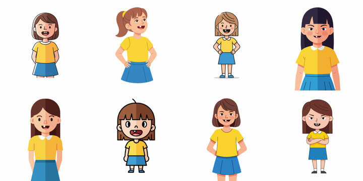 Collection of Cartoon Schoolgirls with Missing Milk Teeth, Showing Diverse Poses and Happy Childhood Expressions.