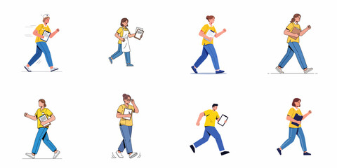 Fototapeta premium Set of illustrations showing diverse essential staff members running and walking quickly, holding clipboards to manage fast-paced professional tasks.