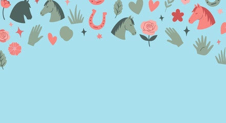 A charming illustration featuring a repeating pattern of horses, roses, and hearts on a light blue background, evoking a sense of equestrian joy and floral beauty.