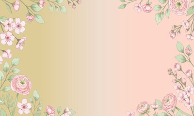 Floral border with pink roses and cherry blossoms on gradient.