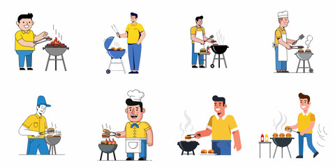 Fototapeta premium Set of flat vector illustrations depicting happy men barbecuing and grilling hamburgers, sausages, and steaks on various outdoor grills.