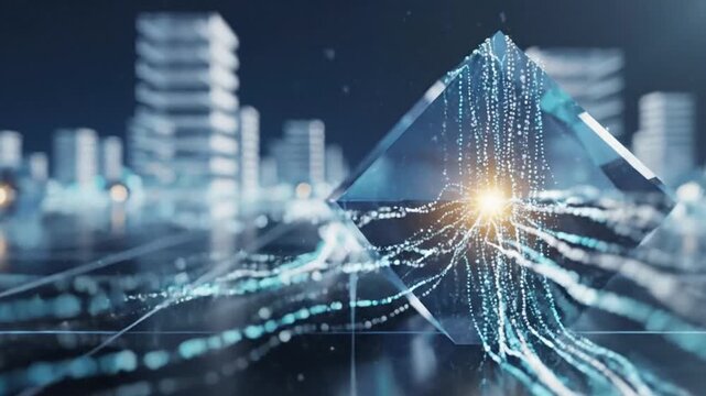 Close-up of a glowing crystal pyramid with digital circuit patterns on a futuristic cityscape background at night with a dark and technological mood.