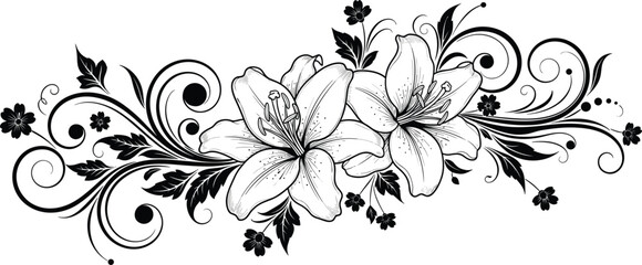 Elegant Lily Flower Border Illustration Black and White Floral Swirl Vignette Decorative Hand Drawn Lily Bouquet with Ornate Curled Filigree Elements for Wedding Invitations