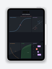 Tablet Displaying Data Analytics and Machine Learning Performance Dashboard with Charts and Metrics UI Illustration