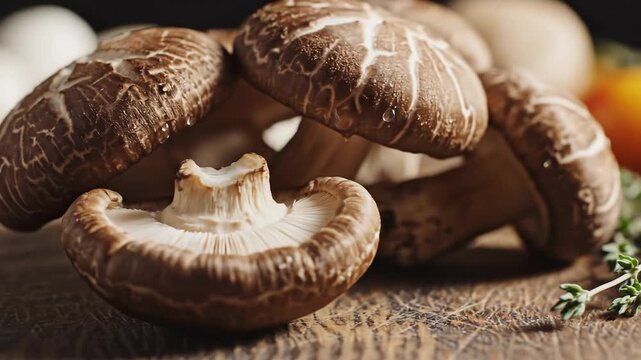 Close-up of Fresh Shiitake Mushrooms on a Wooden Surface