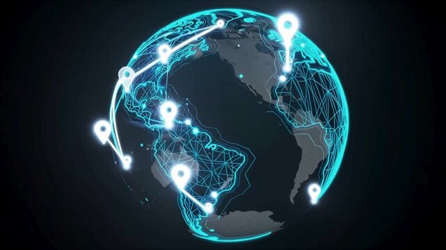 Animation concept of geolocation maps for business.. An illuminated globe displays network connections between cities with glowing markers signifying key locations on map, location on map