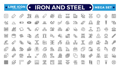 Naklejka na ściany i meble Iron and Steel products outline icons set. Set of long products, hot rolled steel, metal beams, rods, armature, pipes, pipe flange, wire coil, rabbits mesh roll. Editable stroke outline icon. 