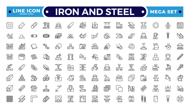 Iron and Steel products outline icons set. Set of long products, hot rolled steel, metal beams, rods, armature, pipes, pipe flange, wire coil, rabbits mesh roll. Editable stroke outline icon.
