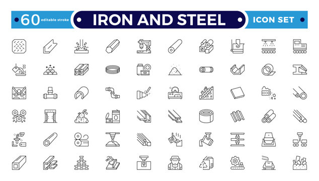 Iron and Steel products outline icons set. Set of long products, hot rolled steel, metal beams, rods, armature, pipes, pipe flange, wire coil, rabbits mesh roll. Editable stroke outline icon.
