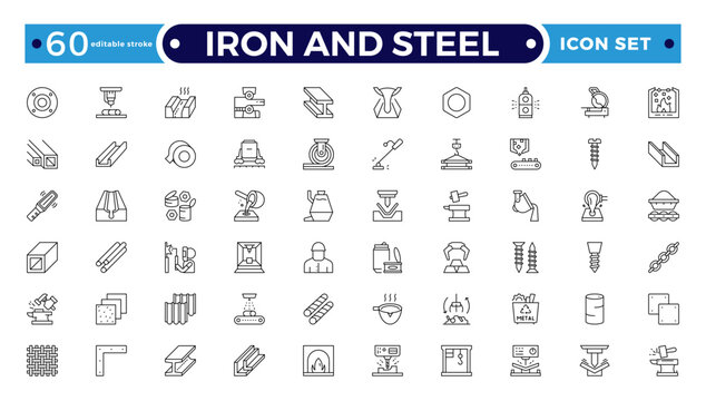 Iron and Steel products outline icons set. Set of long products, hot rolled steel, metal beams, rods, armature, pipes, pipe flange, wire coil, rabbits mesh roll. Editable stroke outline icon.
