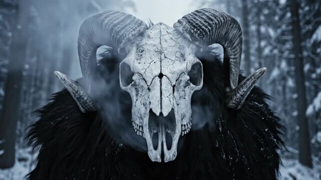Horned skull beast exhales misty breath in dark snowy forest. Mystical creature emerges from winter woods with fog revealing skeletal face. Fantasy horror atmospheric sequence of animated demon head
