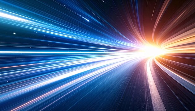 An abstract blue background featuring a bright light burst and glowing rays that create an energetic star explosion effect with motion speed for a modern space design