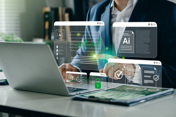 Businessman working on a laptop with AI data dashboards.