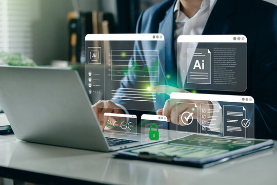Businessman working on a laptop with AI data dashboards.