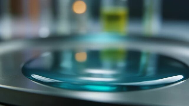 Closeup of a teal liquid droplet resting on a polished metal surface with a blurred background. Now!