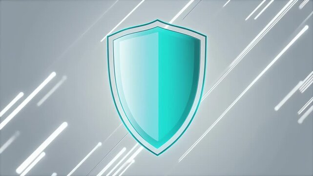 Teal shield icon hovering against a cool gray gradient, framed by a white border and soft glow. Dynamic white streaks slice backdrop, giving a modern, protective emblem with crisp, balanced geometry
