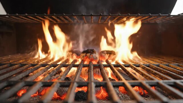 Close-up of hot glowing coals and flames on a barbecue grill