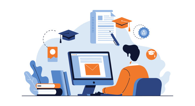 Remote learning concept with student studying online on desktop computer