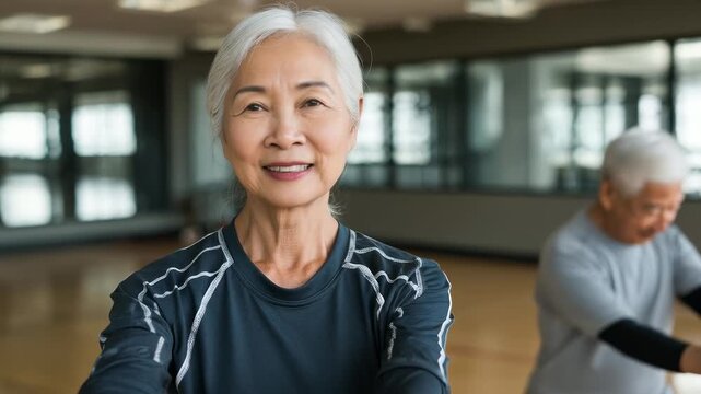 Smiling senior Asian woman practicing Tai Chi with partner. Healthy lifestyle, wellness, and active aging concept. Joyful elderly couple doing exercises. Fitness indoors. Happy seniors.