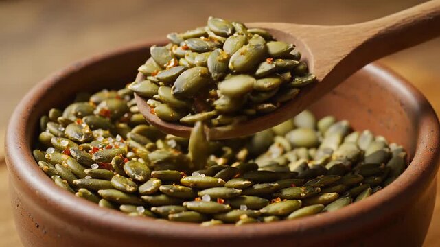 Close-up of Roasted Pumpkin Seeds with Spices and Salt in a Bowl