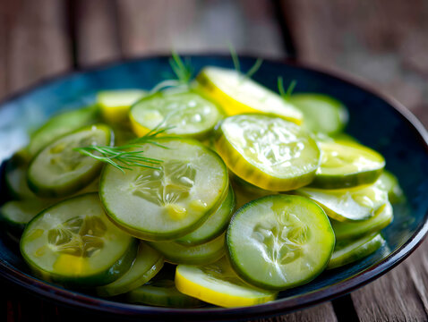 Homemade Pickles in a Small Bowl with Fresh Cucumbers