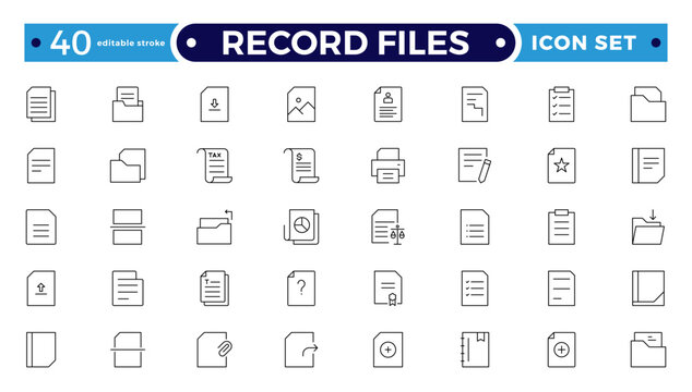 Record Files Outline icon set. Icon pack contains summary, file, paper, report, form, record, sheet, text, note, page, letter, memo, contract, template, and archive. Editable stroke outline icon.
