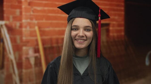Girl wearing black graduation cap and gown smiles inside a building under construction; pride accomplishment.