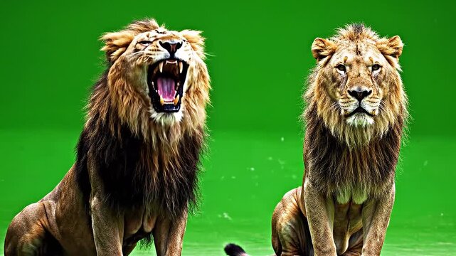 Two Majestic Lions Roaring and Staring with Intense Expressions.