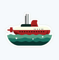 Obraz premium Whimsical Submarine Cartoon – Red and Cream Submarine with Black Periscopes, Green Layered Waves, and White Heart Accents in Playful Sticker Style