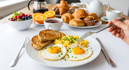 A delightful spread of breakfast dishes with eggs, potatoes, and fresh vegetables.