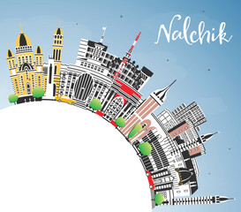 Naklejka premium Nalchik Russia city skyline with color buildings, blue sky and copy space. Nalchik cityscape with landmarks. Travel and tourism concept with modern and historic architecture.