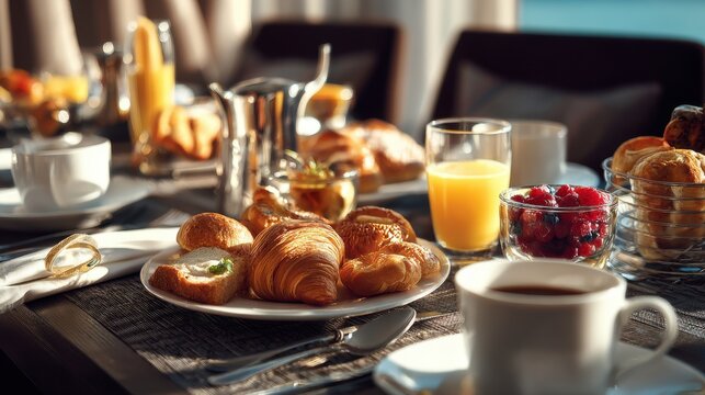 Sumptuous hotel breakfast spread of croissants and juice