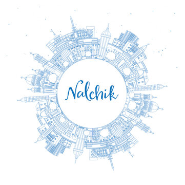 Outline Nalchik Russia city skyline with blue buildings and copy space. Nalchik cityscape with landmarks. Business travel and tourism concept with modern and historic architecture.