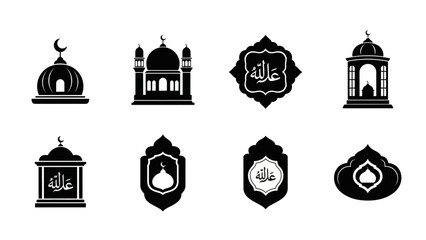 Islamic symbols and architectural elements collection in monochrome illustrations showcasing various mosques and calligraphy designs