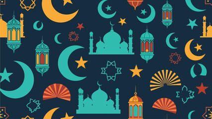 Islamic symbols and motifs pattern featuring mosques, crescent moons, stars, and lanterns in a vibrant, celebratory design on a dark background from a top viewpoint