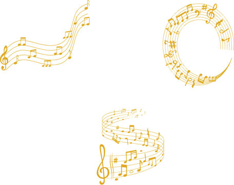 Vibrant gold musical motifs feature flowing staff lines, a circular note ring, and a bold treble clef, crafting an elegant decorative music design ideal for posters, backgrounds, or stock artwork.