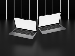 Black Open Screen Laptop with Black Background and Strip Light 3D Render Isolated for Mockup 3