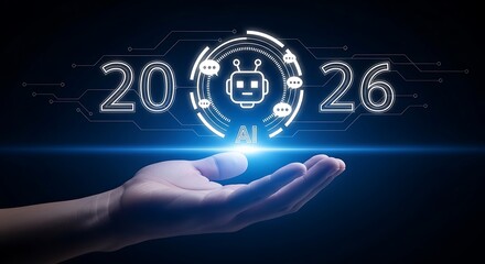 Fototapeta premium Hand holding glowing A I robot with 2026 futuristic digital background palm