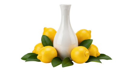 Fresh lemons and a white vase isolated PNG, vibrant yellow citrus fruits with green leaves on transparent background for healthy eating concepts