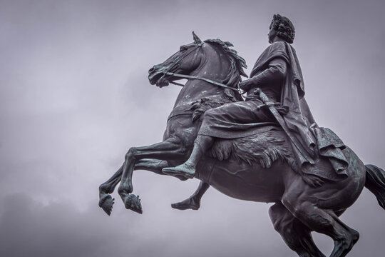 Bronze Horseman &mdash; Peter the Great equestrian statue of Peter I, Russian emperor, in Saint Petersburg, Russia (by E. Falconet, 1782).

