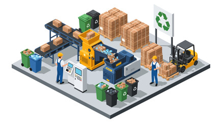 An isometric view of a busy recycling plant featuring workers, a forklift, and machinery processing waste boxes and plastics near sorting bins and a large green eco-symbol