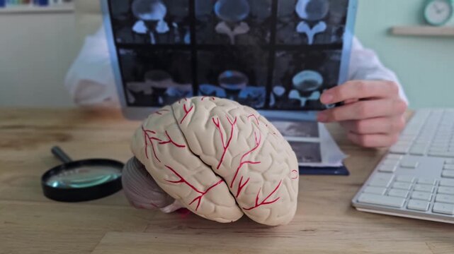 Doctor reviews brain scans with model brain on desk in medical office
