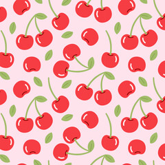 Seamless vector pattern with ripe red cherry fruit and green leaves on soft pastel background, perfect for summer design, fabric, wallpaper and packaging.