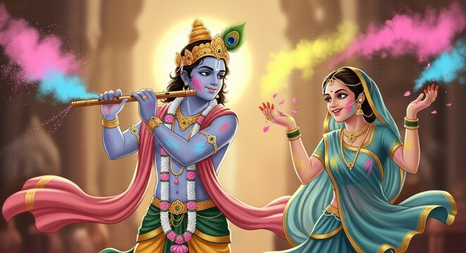 Radha Krishna Playing Holi with Colorful Gulal, Divine Festival Illustration