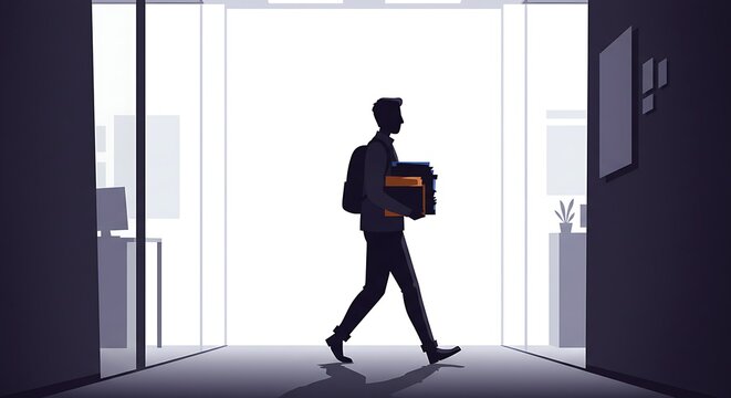 Silhouette man walking with books in bright doorway vector illustration