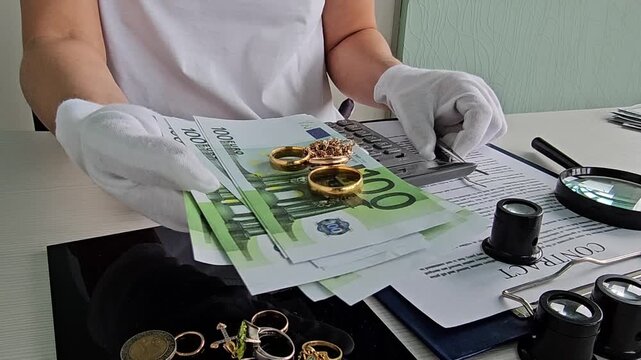 Handling cash and gold items in a store during a transaction in a busy urban area