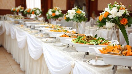 guests. An elegant wedding buffet with floral decor, showcasing celebration and refined taste. gardening catalogs, home-decor guides, designed for gardening and botanical catalogs.