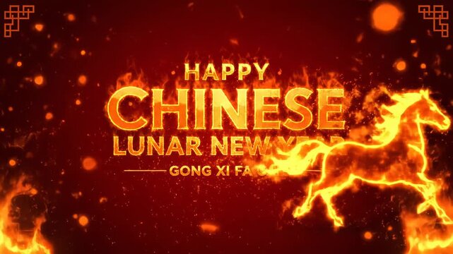 Fiery Horse and Chinese Lunar New Year Greeting with Festive Elements