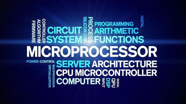 Microprocessor animated word cloud-text design animation tag kinetic typography seamless loop.