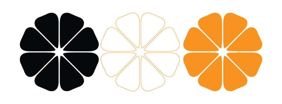 Orange slice shape set. Grapefruit black symbol collection. Mandarin elements. Vibrant citrus slices for summer promotions and healthy living